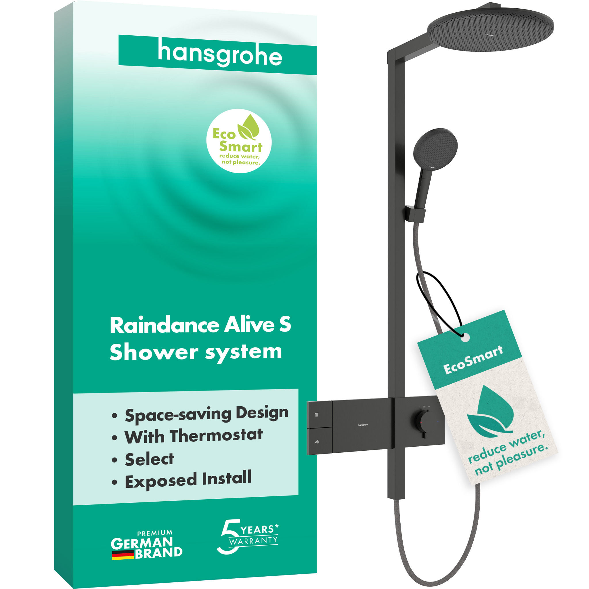 Душевая система hansgrohe Raindance Alive S 300 1jet EcoSmart с ShowerSelect Comfort, 24583340 черный матовый хром - изображение